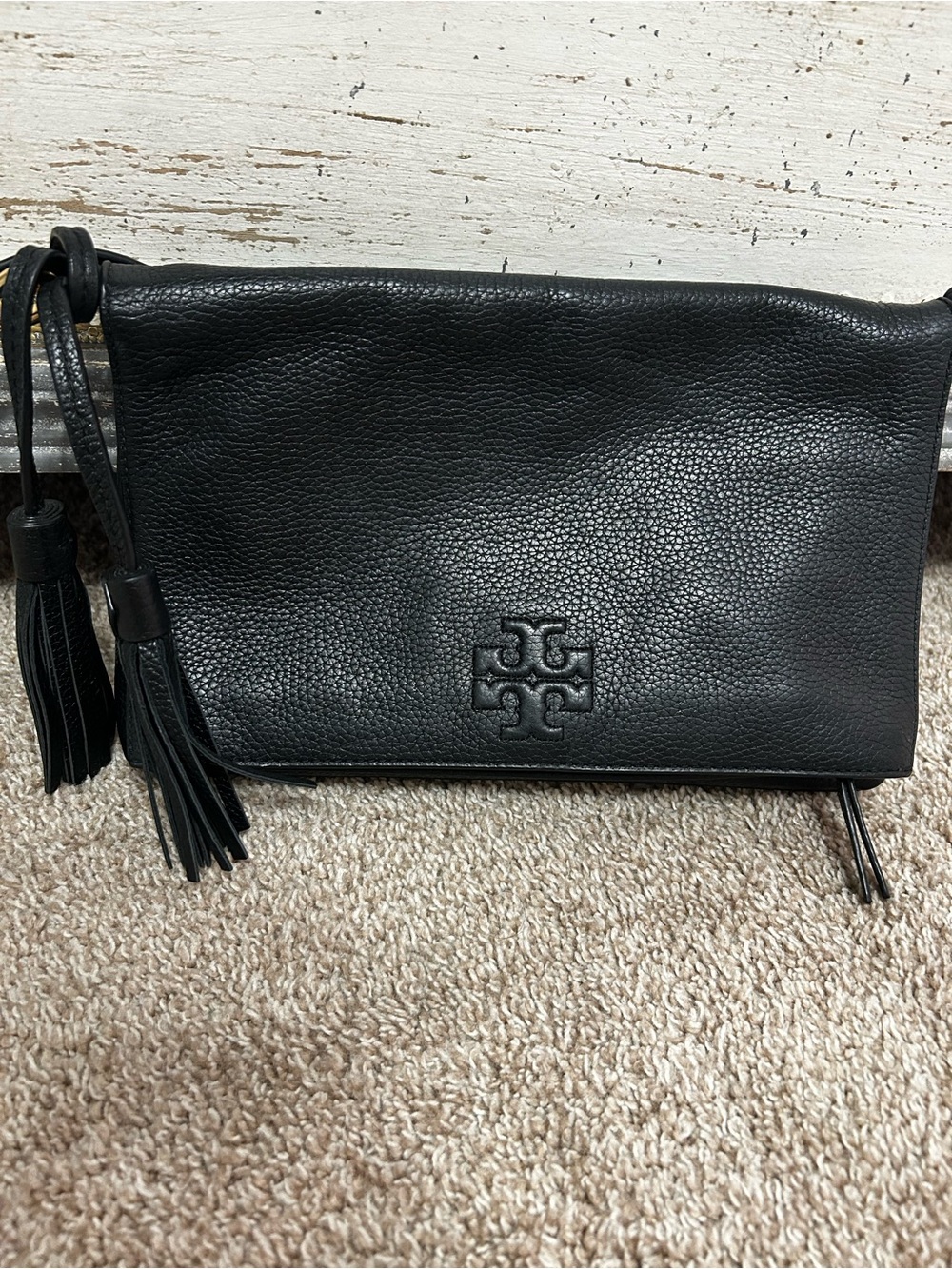Tory Burch Black Pebbled Leather Tassel Crossbody Purse